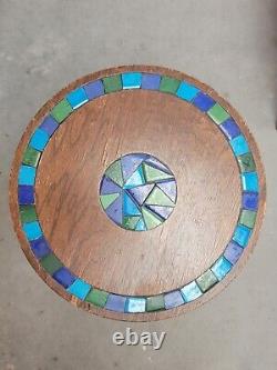 Rare VTG Mid-MOD Round Tripod SIDE TABLE Wood + Blue/Green Ceramic Tile JAPAN