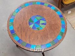 Rare VTG Mid-MOD Round Tripod SIDE TABLE Wood + Blue/Green Ceramic Tile JAPAN