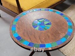 Rare VTG Mid-MOD Round Tripod SIDE TABLE Wood + Blue/Green Ceramic Tile JAPAN
