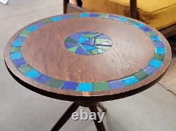 Rare VTG Mid-MOD Round Tripod SIDE TABLE Wood + Blue/Green Ceramic Tile JAPAN