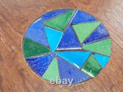 Rare VTG Mid-MOD Round Tripod SIDE TABLE Wood + Blue/Green Ceramic Tile JAPAN