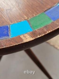 Rare VTG Mid-MOD Round Tripod SIDE TABLE Wood + Blue/Green Ceramic Tile JAPAN