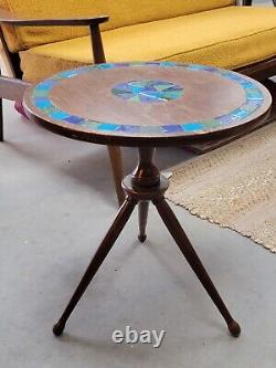Rare VTG Mid-MOD Round Tripod SIDE TABLE Wood + Blue/Green Ceramic Tile JAPAN