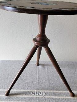 Rare VTG Mid-MOD Round Tripod SIDE TABLE Wood + Blue/Green Ceramic Tile JAPAN