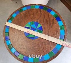 Rare VTG Mid-MOD Round Tripod SIDE TABLE Wood + Blue/Green Ceramic Tile JAPAN