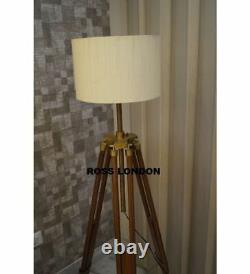 Retro Antique Floor Shade Lamp Brown Wooden Tripod Lighting Stand Home Decor NEW