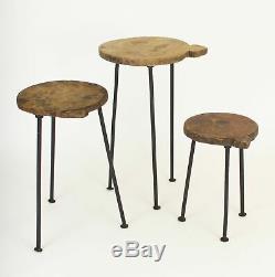 Rustic Round Set Three Vintage Board Wood Slab Nesting Accent Tables Tripod