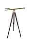 Shiny Brass Telescope Vintage Double Barrel With Wooden Brown Tripod Stand