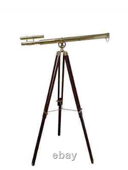 Shiny Brass Telescope Vintage Double Barrel With Wooden Brown Tripod Stand