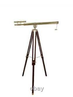 Shiny Brass Telescope Vintage Double Barrel With Wooden Brown Tripod Stand