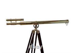 Shiny Brass Telescope Vintage Double Barrel With Wooden Brown Tripod Stand