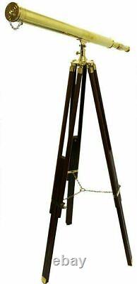 Shiny Polished Brass Master Telescope with Wooden Tripod Stand Floor Standing