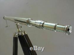 Silver Brass Telescope With Wood Tripod Stand Vintage Nautical Decorative Gift