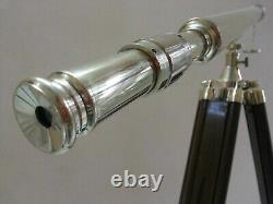 Silver Brass Telescope With Wooden Tripod Stand Vintage Nautical Decorative Ca78