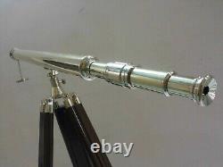 Silver Brass Telescope With Wooden Tripod Stand Vintage Nautical Decorative Ca78