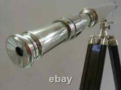 Silver Brass Telescope With Wooden Tripod Stand Vintage Nautical Decorative Gift