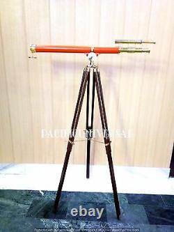 Solid Brass Leather Telescope Nautical With Stand Wooden Tripod Vintage Scope