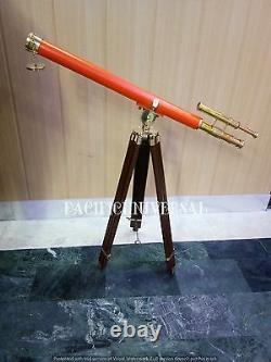 Solid Brass Leather Telescope Nautical With Stand Wooden Tripod Vintage Scope