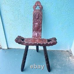 Spanish Carved Wood Leather Ornate Tripod Birthing Milking Chair Vintage