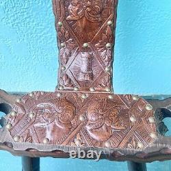 Spanish Carved Wood Leather Ornate Tripod Birthing Milking Chair Vintage