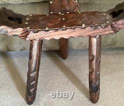 Spanish / Italian Style Carved Wood Leather Ornate Tripod Birthing Chair Vintage