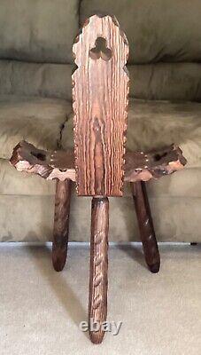 Spanish / Italian Style Carved Wood Leather Ornate Tripod Birthing Chair Vintage