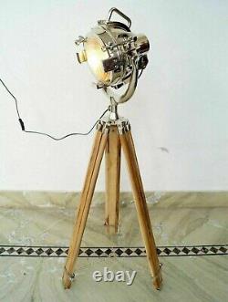 Spotlight theater nautical Vintage wooden tripod search light lamp floor lamp