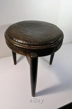 Stool tripod wooden & leather scandinavian Vintage Design stool 60'S