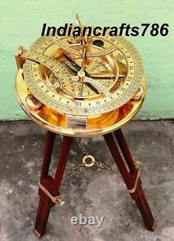 Sundial Compass Vintage Brass Bronze Nautical 8 Inch Wooden Tripod Steampunk