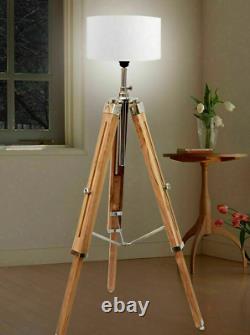 Teak Wood Vintage Floor Lamp Wooden Tripod Stand Marine Nautical With Shade