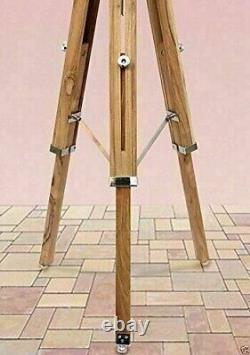 Teak Wood Vintage Floor Lamp Wooden Tripod Stand Marine Nautical With Shade