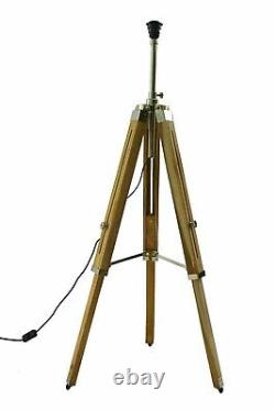 Teak Wood Vintage Floor Lamp Wooden Tripod Stand Marine Nautical With Shade