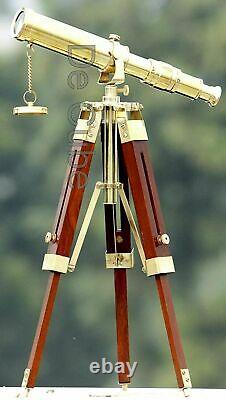 Telescope Brass Wooden Stand Tripod Nautical Antique Décor Marine