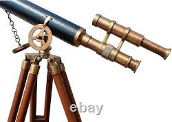 Telescope Double Barrel With Wooden Tripod Stand Antique Home & Office Decor Item