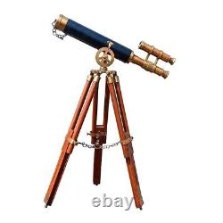 Telescope Double Barrel With Wooden Tripod Stand Antique Home & Office Decor Item