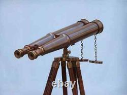 Telescope Spyglass Binoculars Brass Wooden Tripod Vintage Antique Nautical Decor