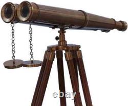 Telescope Spyglass Binoculars Brass Wooden Tripod Vintage Antique Nautical Decor