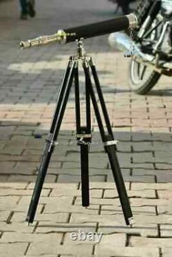 Telescope With Wooden Tripod Stand Antique Nautical Floor Standing Brass 18 Inch