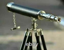 Telescope With Wooden Tripod Stand Antique Nautical Floor Standing Brass 18 Inch