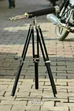 Telescope With Wooden Tripod Stand Antique Nautical Floor Standing Brass 18 Inch