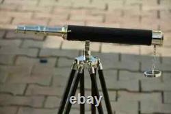 Telescope With Wooden Tripod Stand Antique Nautical Floor Standing Brass 18 Inch