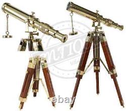 Telescope with Wooden Tripod Vintage Antique Nautical Decorative Gift Solid Brass