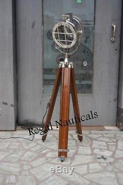 Theater Vintage FLOOR SEARCH LIGHT WITH TRIPOD Nautical Wooden Spot Light Lamp