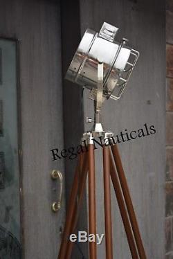 Theater Vintage FLOOR SEARCH LIGHT WITH TRIPOD Nautical Wooden Spot Light Lamp