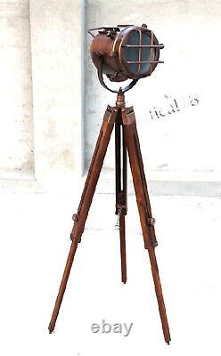 Tripod Floor Lamp Nautical Spotlight Vintage Studio Wooden Light Home Office