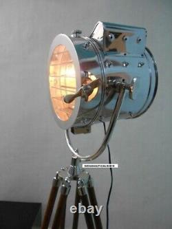 Tripod Floor Lamp Nautical Spotlight Vintage Studio Wooden Light Home Office