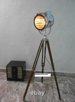 Tripod Floor Lamp Nautical Spotlight Vintage Studio Wooden Light Home Office