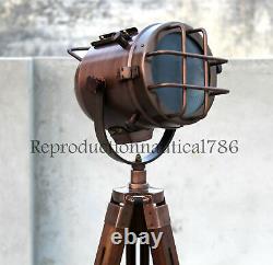 Tripod Floor Lamp Nautical Spotlight Vintage Studio Wooden Light Home Office New