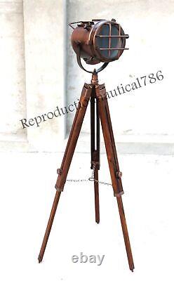 Tripod Floor Lamp Nautical Spotlight Vintage Studio Wooden Light Home Office New