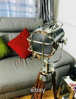 Tripod Floor Lamp Vintage Led Wooden Spotlight Nautical Antique Style Light Uk